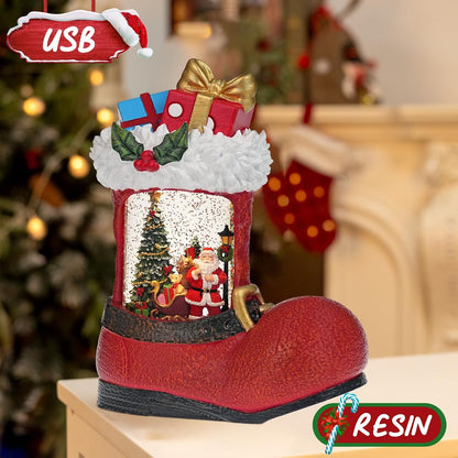 Christmas Snow Globe with Santa Claus Gifts - Lighted Musical Snow Globe Christmas Decorations with Timer, Swirling Glitter, Battery/USB Powered, Holiday Decor​(Santa Claus Boots)