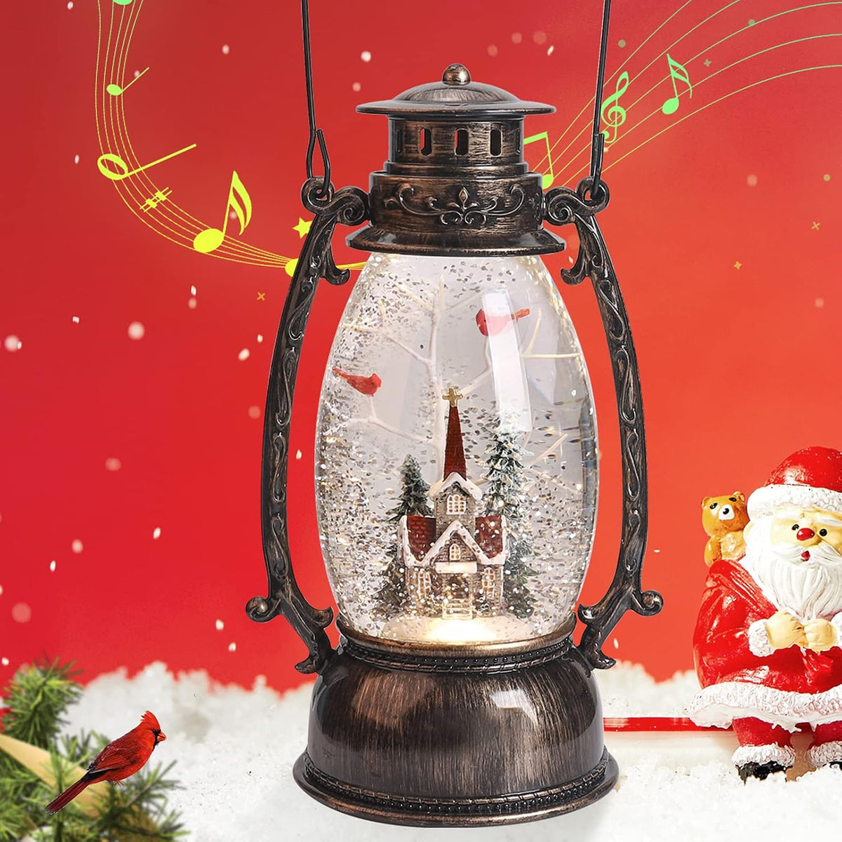 Christmas Snow Globes Lantern, Christmas Village Church Scene Lighted Snow Globe Musical with Swirling Glitter, Battery Powered Christmas Decorations for Home