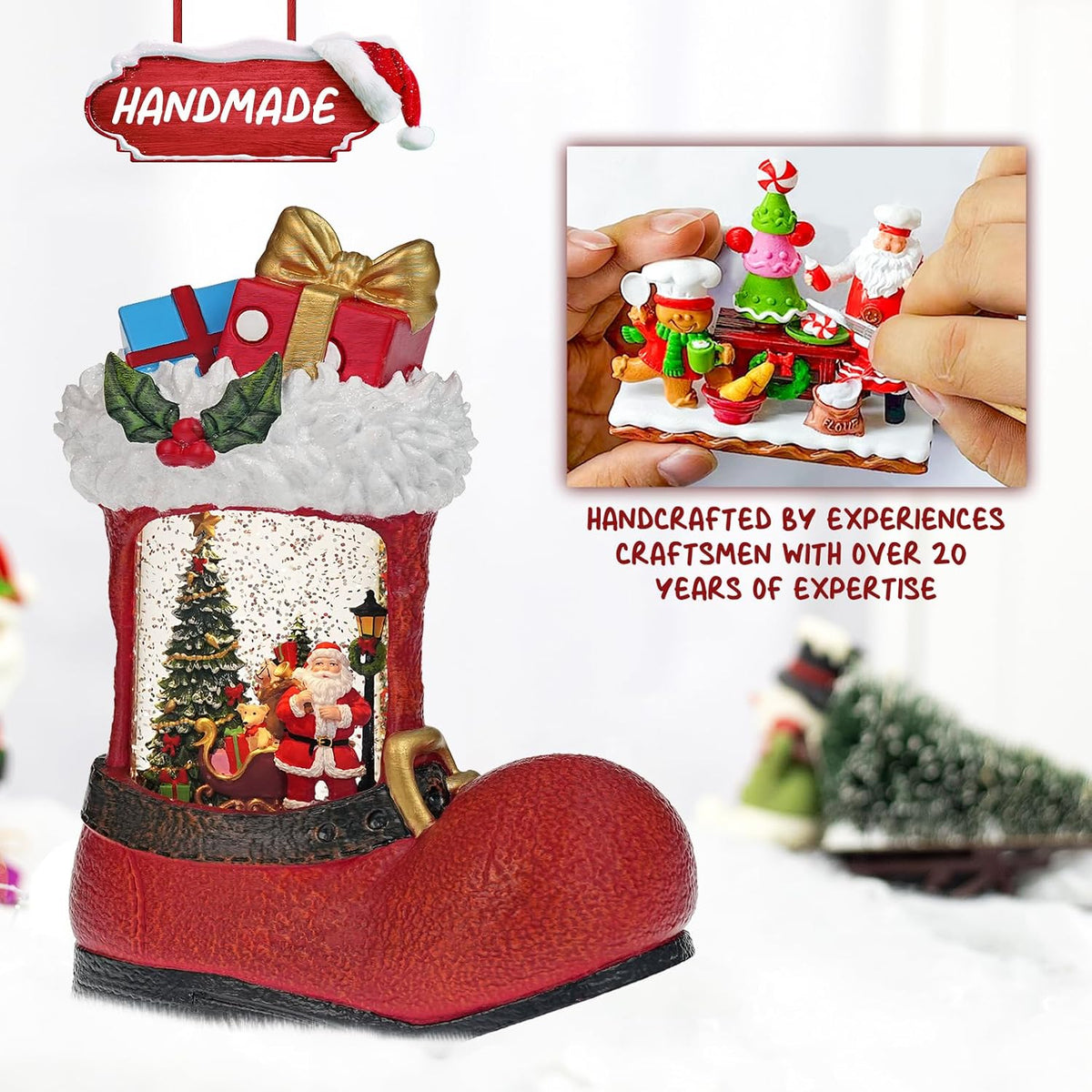 Christmas Snow Globe with Santa Claus Gifts - Lighted Musical Snow Globe Christmas Decorations with Timer, Swirling Glitter, Battery/USB Powered, Holiday Decor​(Santa Claus Boots)