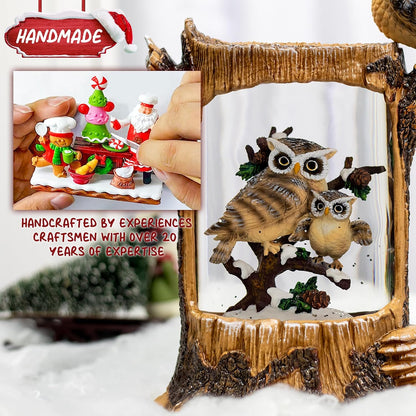 Christmas Owl Family Snow Globe, Musical Glittering Christmas Snow Globes Lantern with Timer, Large Owls Collectible Figurines Christmas Holiday Home Decor Battery Operated USB Powered