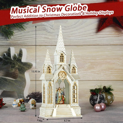 16Inch Christmas Snow Globes Nativity Church Lighted Christmas Decorations Glitter Globe Lantern 6H Timer, Musical Angel Snow Globe Graduation/Christian/Christmas Decor Gifts
