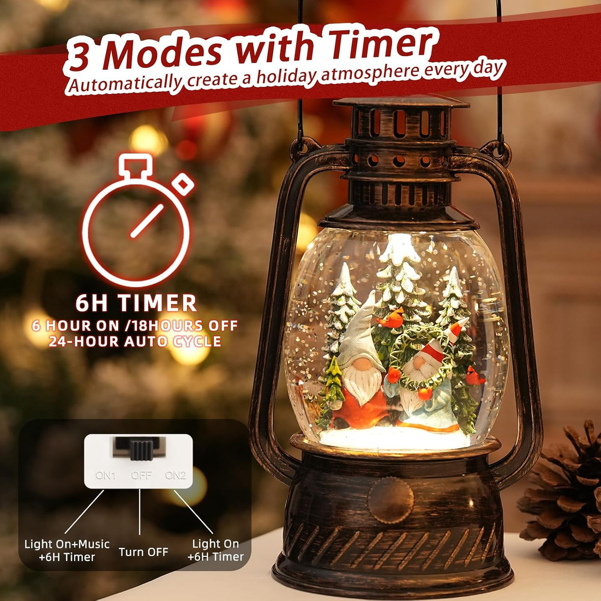 Gnomes Snow Globe Christmas Decorations, Light Up Musical Christmas Snow Globes Lantern with Glitter & 6H Timer, Christmas Gnomes Decorations Gift for Home