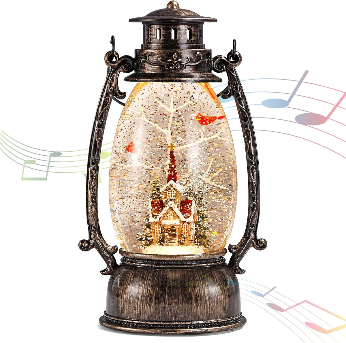 Christmas Snow Globes Lantern, Christmas Village Church Scene Lighted Snow Globe Musical with Swirling Glitter, Battery Powered Christmas Decorations for Home