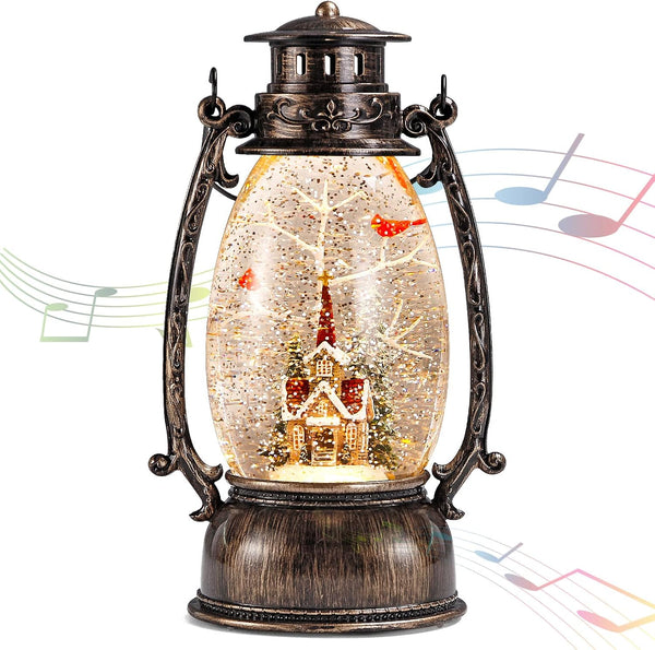 Christmas Snow Globes Lantern, Christmas Village Church Scene Lighted Snow Globe Musical with Swirling Glitter, Battery Powered Christmas Decorations for Home