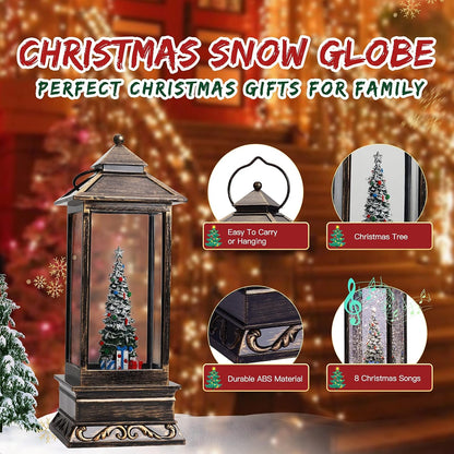 Snow Globe Christmas Lantern Decorations, Musical Snow Globe Lantern with Swirling Glitter, Christmas Tree Lighted Christmas Decorations Indoor for Home
