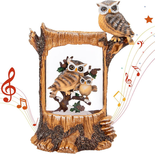 Christmas Owl Family Snow Globe, Musical Glittering Christmas Snow Globes Lantern with Timer, Large Owls Collectible Figurines Christmas Holiday Home Decor Battery Operated USB Powered
