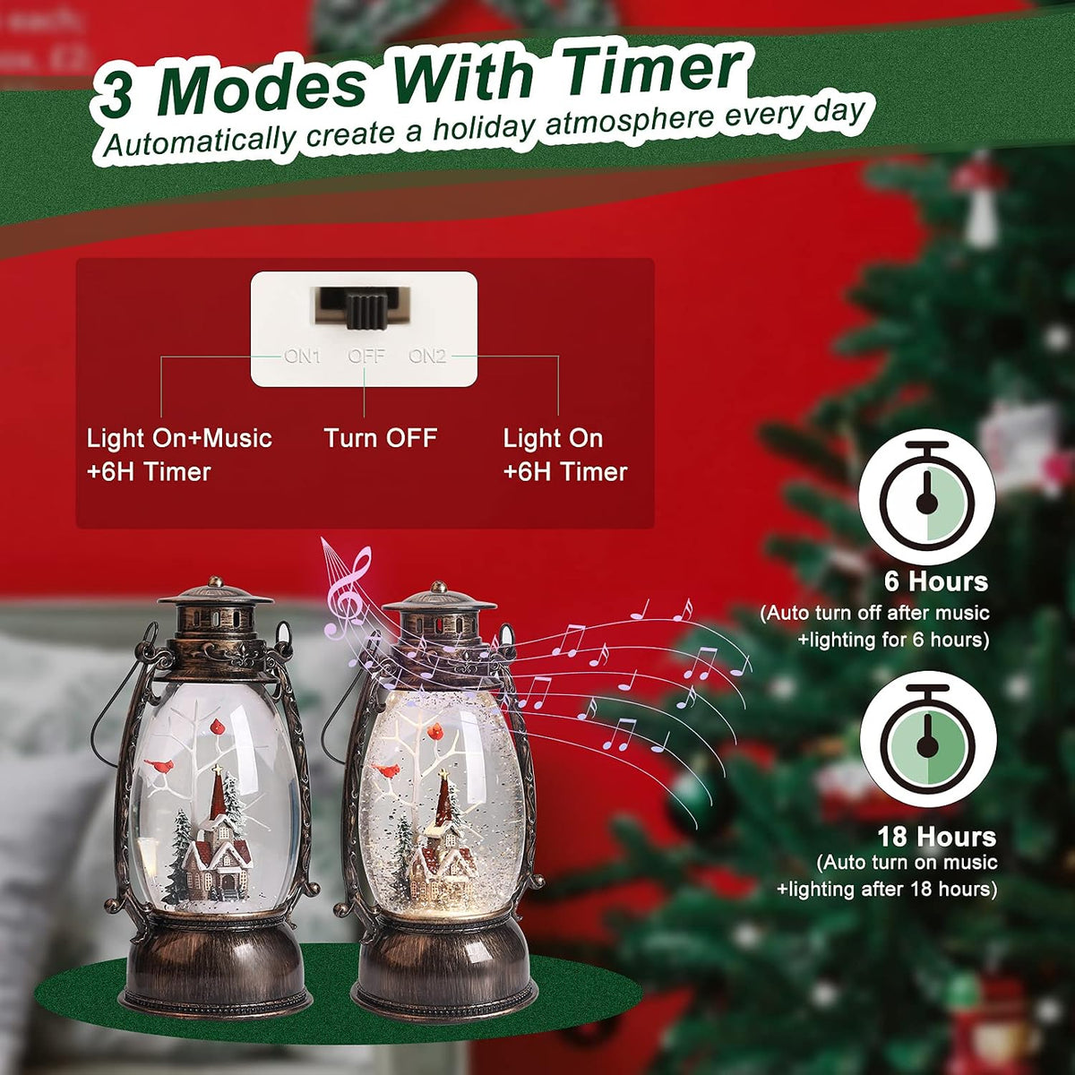 Christmas Snow Globes Lantern, Christmas Village Church Scene Lighted Snow Globe Musical with Swirling Glitter, Battery Powered Christmas Decorations for Home