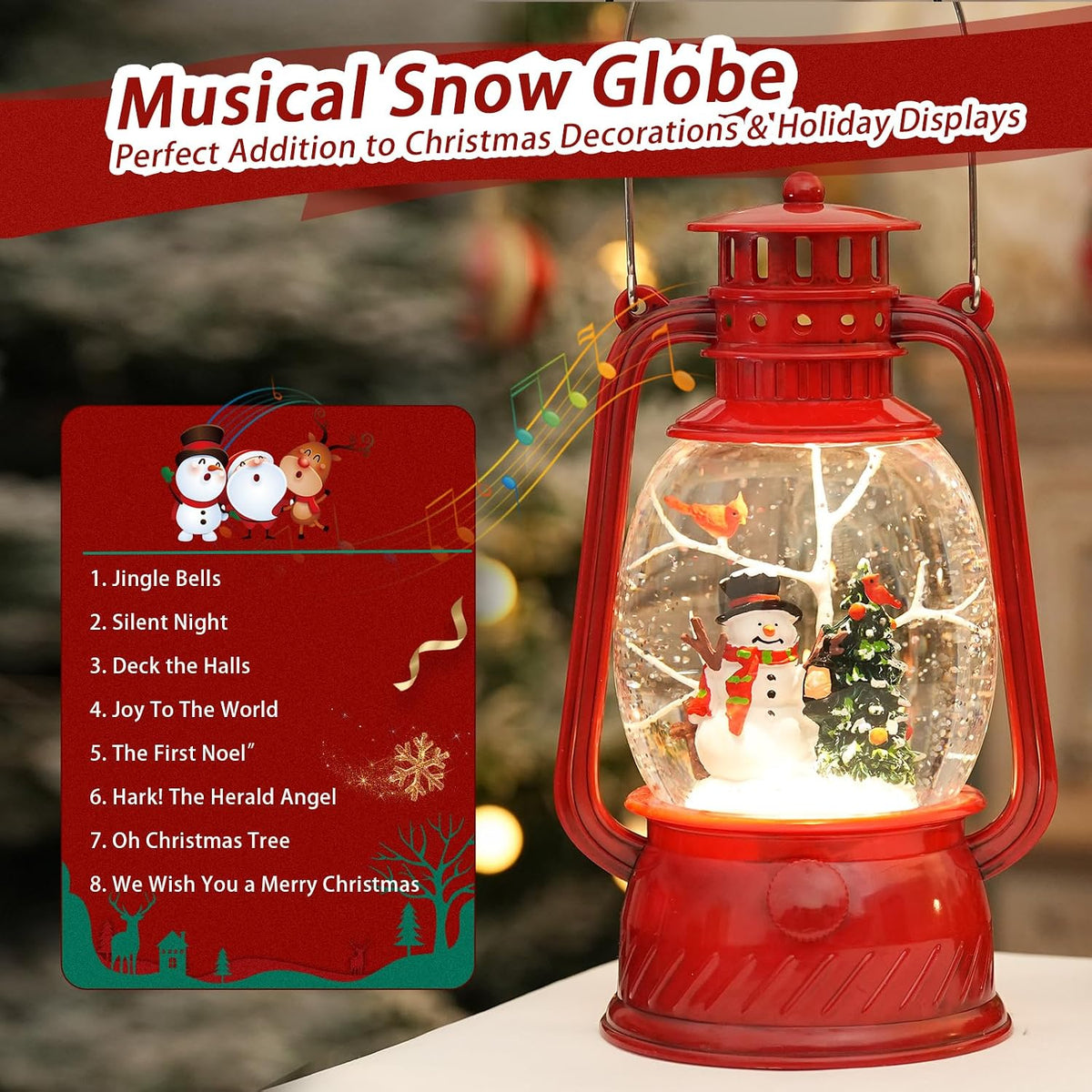 Snow Globe Christmas Decorations Indoor, Snowman Lighted Musical Christmas Snow Globes Lantern with Glitter & 6H Timer, Farmhouse Snowman Globes Christmas Decorations for Home