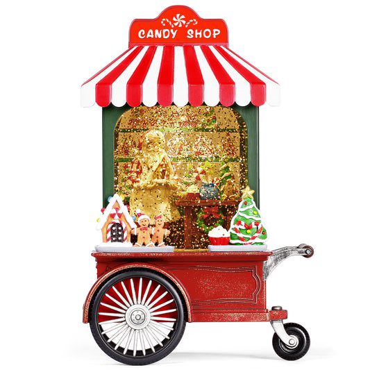 Lighted Musical Christmas Decorations Snow Globe, Santa Claus in Candy Shop Cart, Christmas Snow Globe with Swirling Glitter Water Lantern for Holiday Decor
