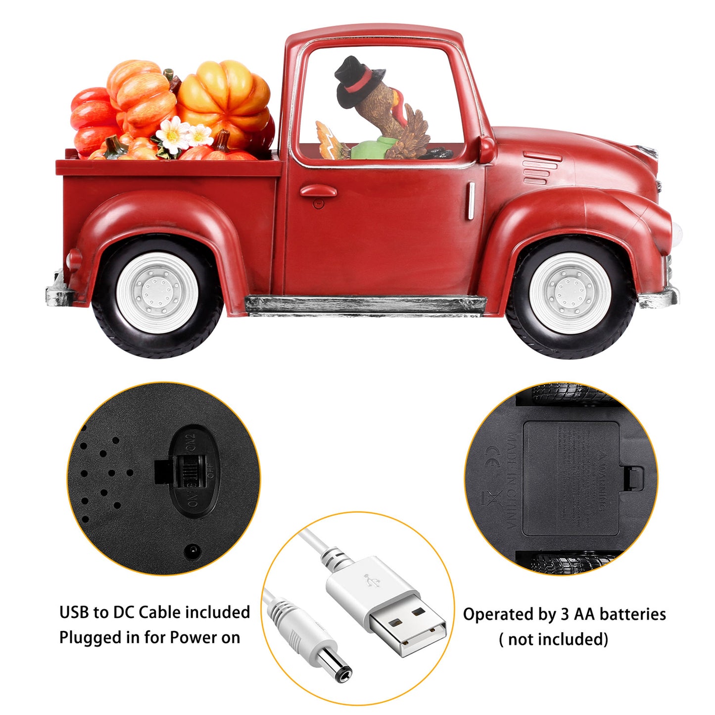 Fall Lighted Water Lantern, Turkey in Vintage Red Truck with Pumpkins for Fall Harvest Day Decor, Thanksgiving Snow Globe with Swirling Glitter