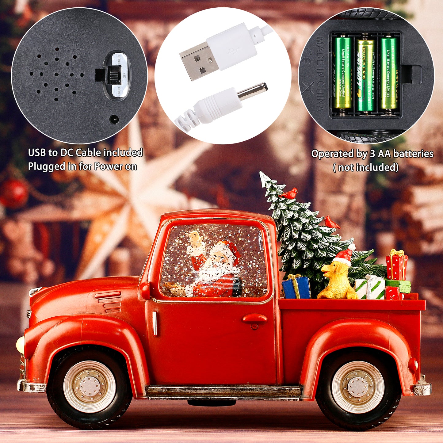 Christmas Red Truck Christmas Tree Santa Claus Driving Car Lighted Swirling Glitter Snow Globe Kids Toy Vintage Truck Christmas Decor