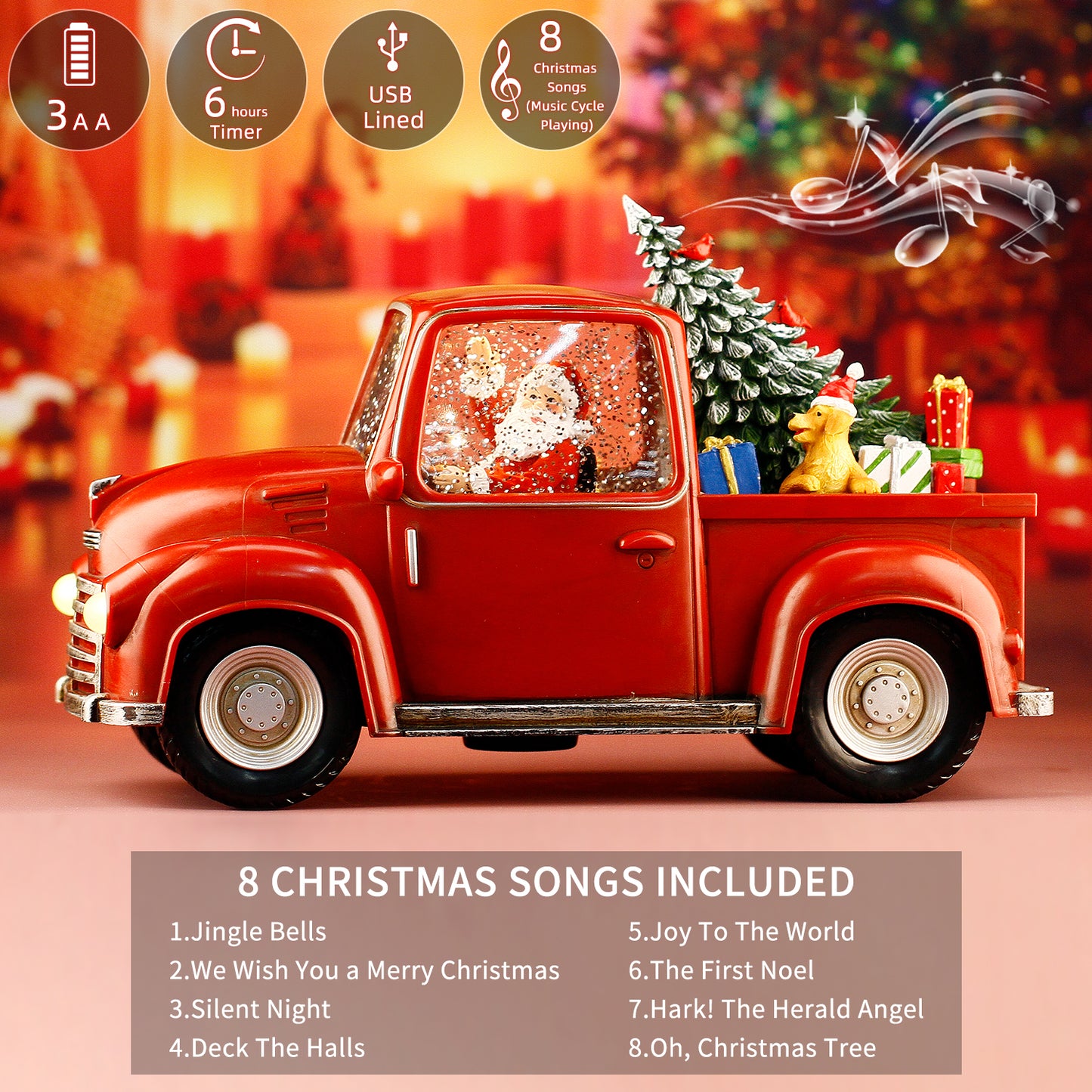 Christmas Red Truck Christmas Tree Santa Claus Driving Car Lighted Swirling Glitter Snow Globe Kids Toy Vintage Truck Christmas Decor