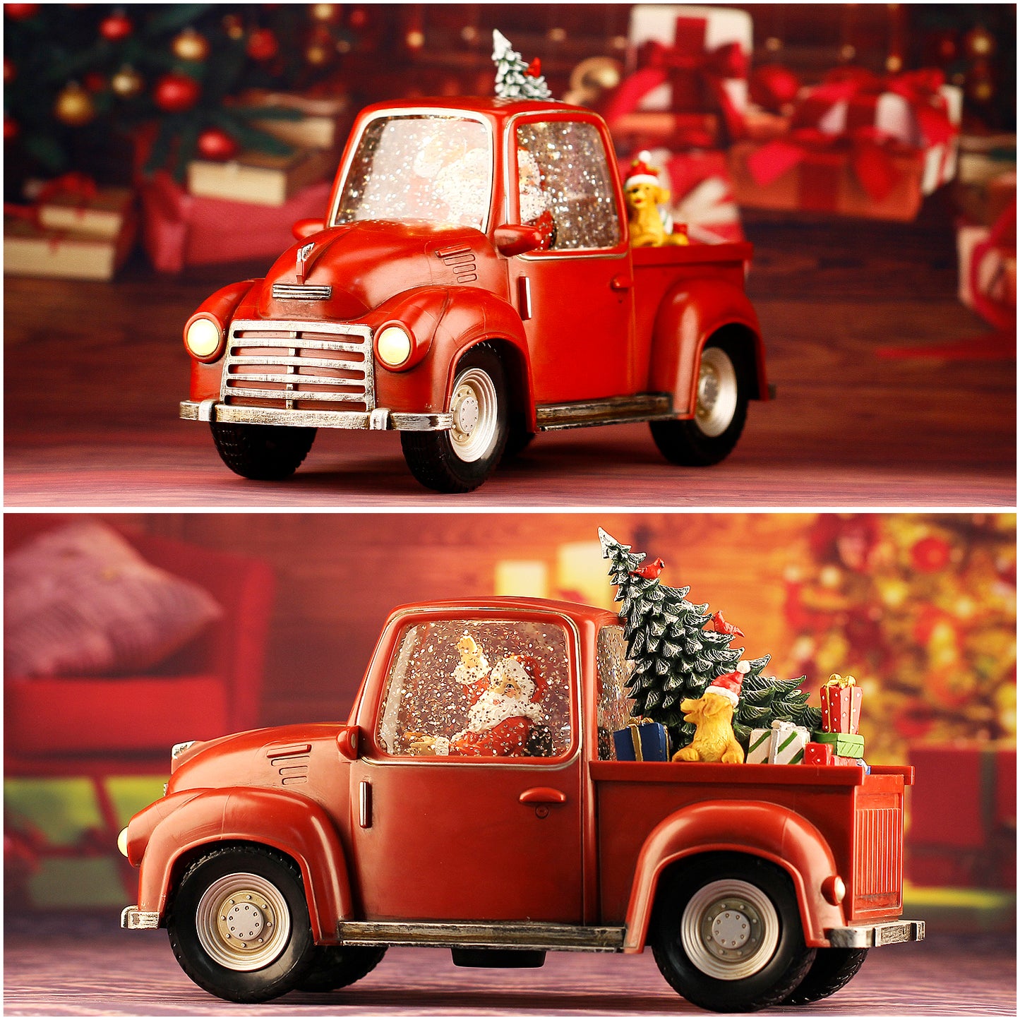 Christmas Red Truck Christmas Tree Santa Claus Driving Car Lighted Swirling Glitter Snow Globe Kids Toy Vintage Truck Christmas Decor