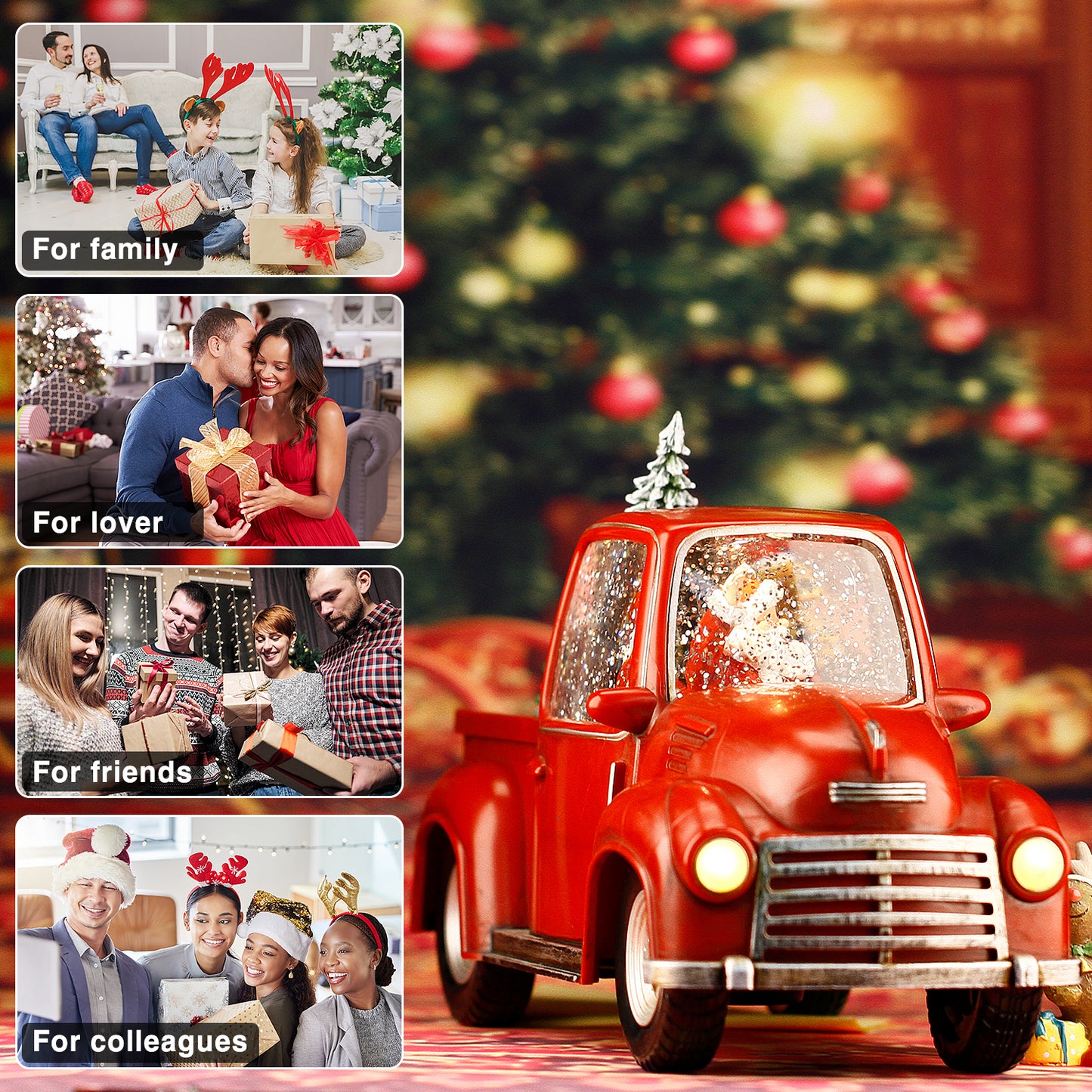 Christmas Red Truck Christmas Tree Santa Claus Driving Car Lighted Swirling Glitter Snow Globe Kids Toy Vintage Truck Christmas Decor