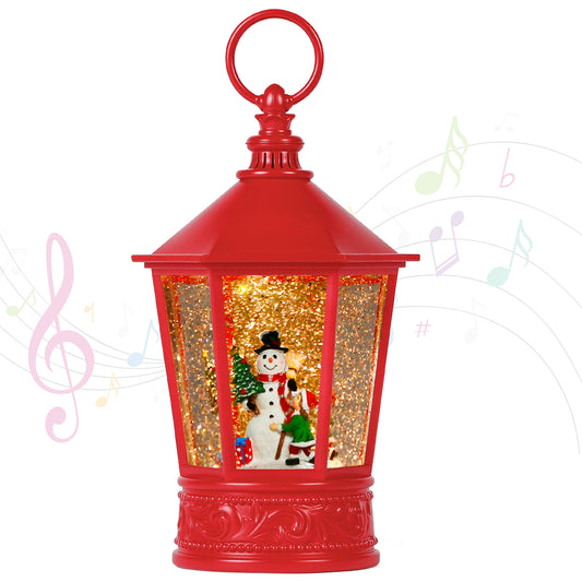 Christmas Snow Globe Lantern-Red Pavilion Shaped Lighted Water Snow Globe Lantern with 6H Timer,Battery Operated & USB Operated Music Box for Christmas Home Decoration and Gift