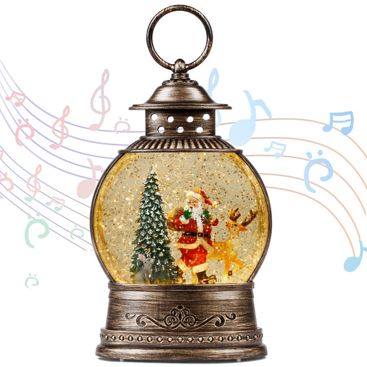 Christmas Decorations Musical Snow Globe Lantern, Water Glittering Lighted Plug-in , 3 AAA Battery Operated & USB Powered, Santa Claus, Christmas Tree and Elk…