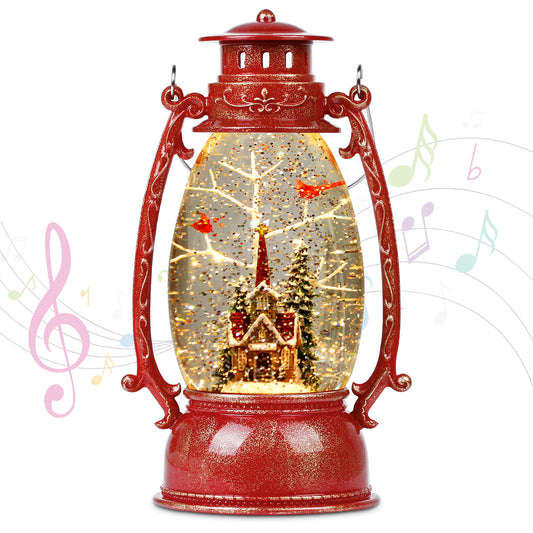 Cardinal Snow Globe,Christmas Festival Snow Globe ,Water Glittering Lantern Swirling，9.4 inch Gifts Festival Ornament Musical red Cardinal/Church,Trees and House, Battery or USB Powered