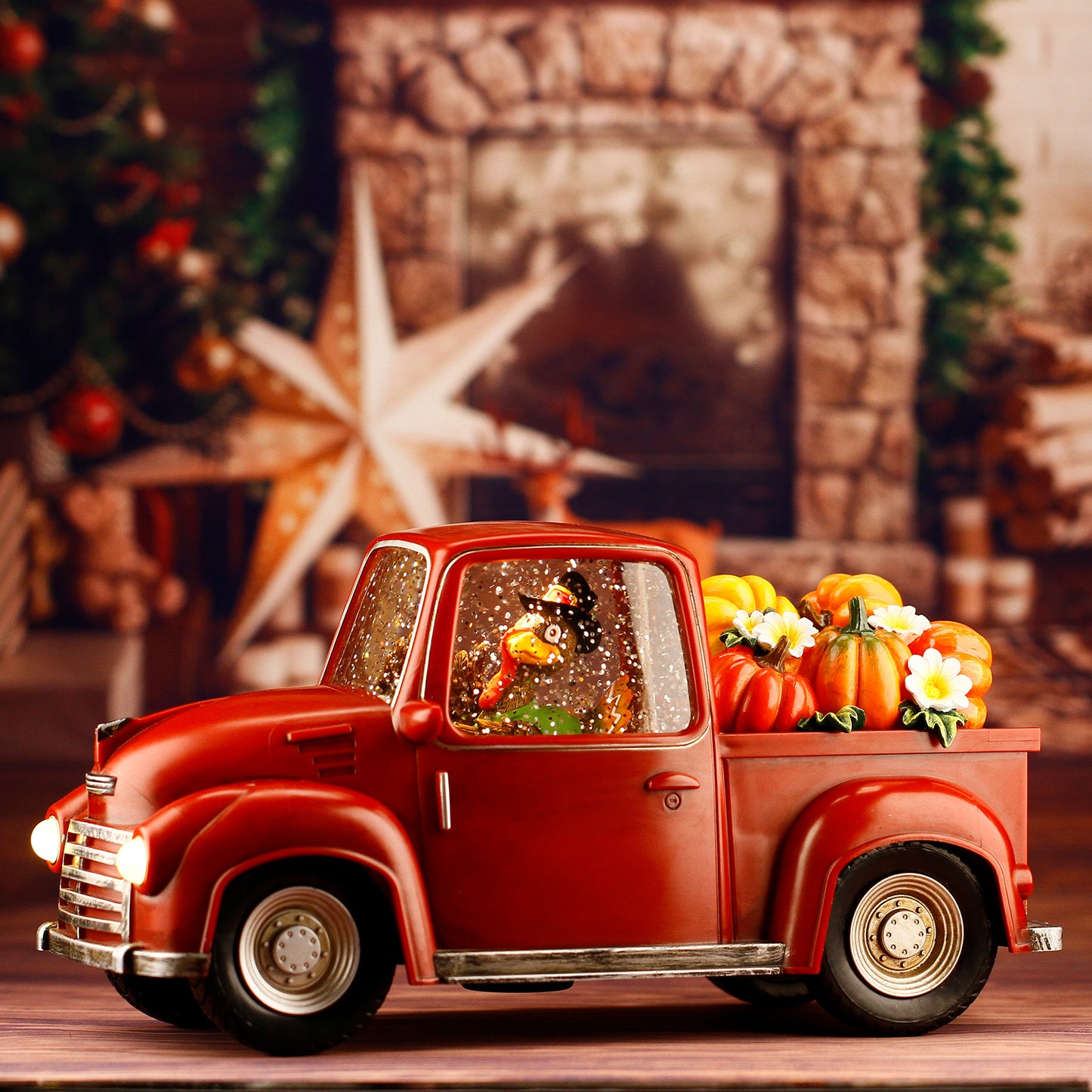 Lighted Christmas Water Lantern, Turkey in Vintage Red Truck with Pumpkins for Gifts and Holiday Decor, Snow Globe with Swirling Glitter