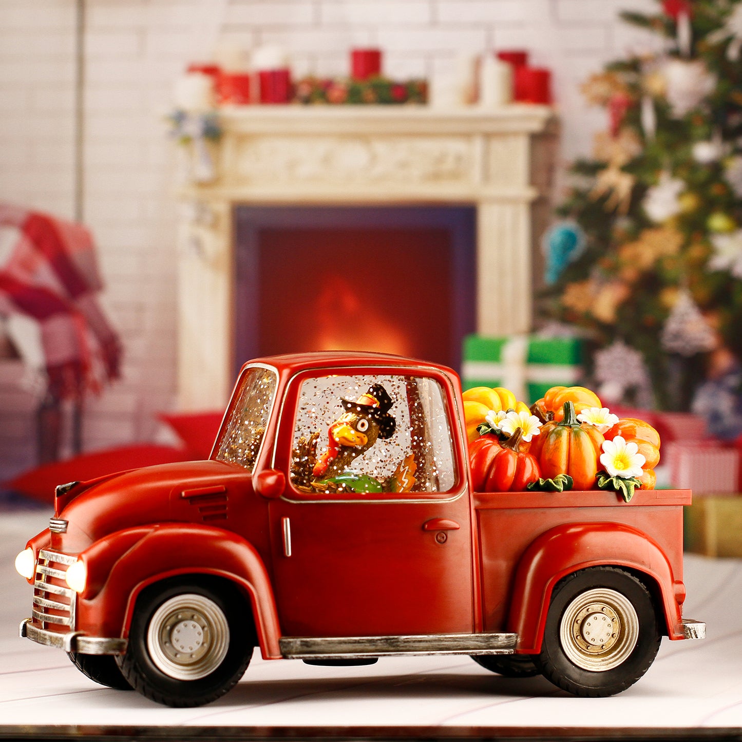 Lighted Christmas Water Lantern, Turkey in Vintage Red Truck with Pumpkins for Gifts and Holiday Decor, Snow Globe with Swirling Glitter