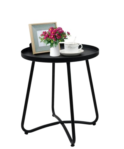 Outdoor Side Table, Small Round End Table with Tray top, Waterproof Metal Patio Side Table for Garden Balcony Entryway, Easy Assembly
