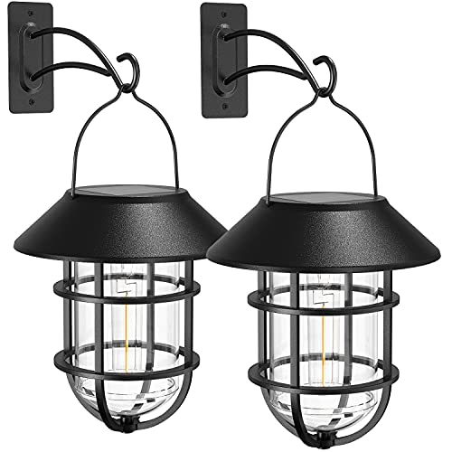 Solar Lantern Outdoor Wall Lights, Dusk to Dawn Waterproof Solar Lights Outdoor, Anti-Rust Metal Hanging Wall Lantern Sconces with Hooks, No Wiring Required, 2 Pack
