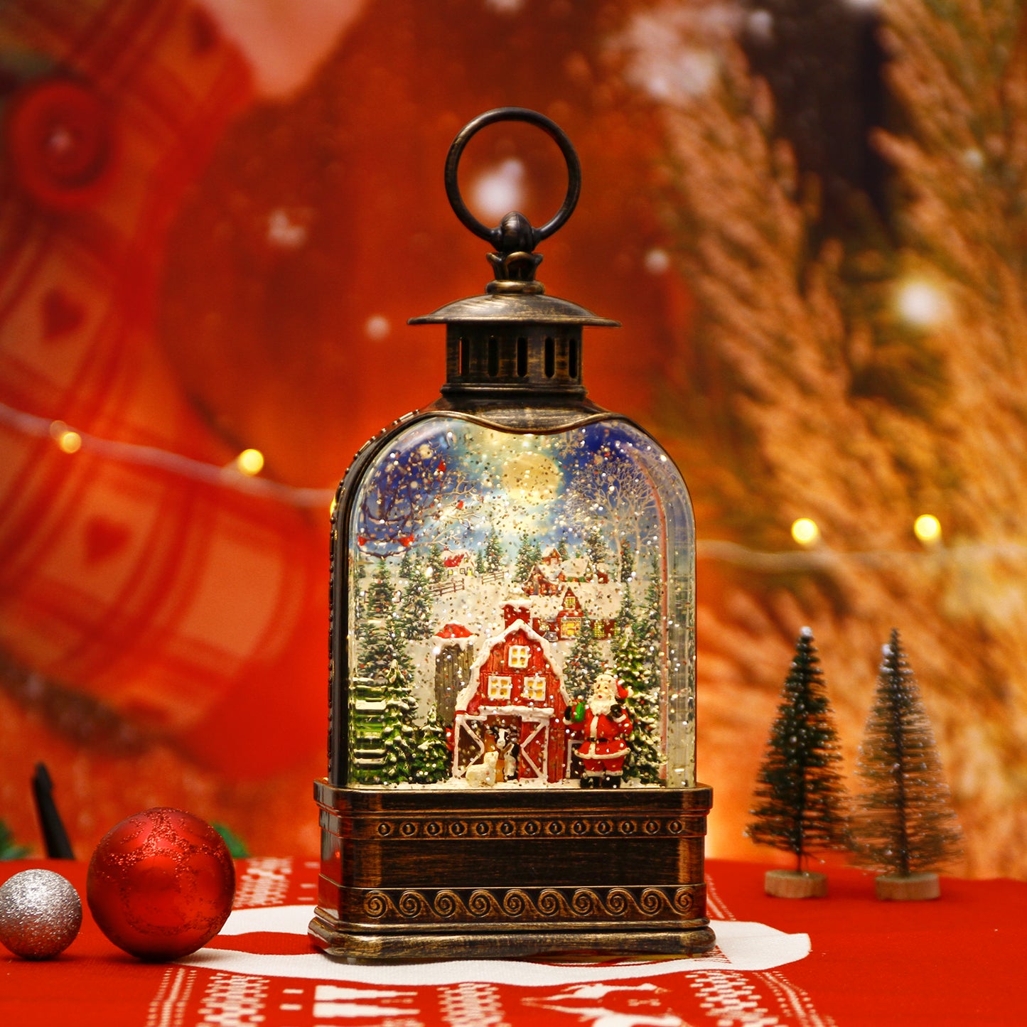 11 inch Christmas Snow Globe Water Lantern, Musical Glittering Xmas Water Globe Church Lantern with 6 Hour Timer(Santa Claus Giving gifts in Snow Village)