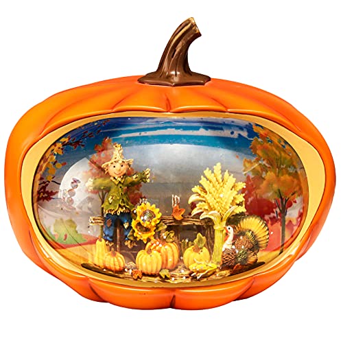Pumpkin Snow Globe, Fall Lighted Water Lantern with Glitter Scarecrow Turkey Pumpkin Lantern for Thanksgiving Decor Fall Harvest Halloween Table Decorations