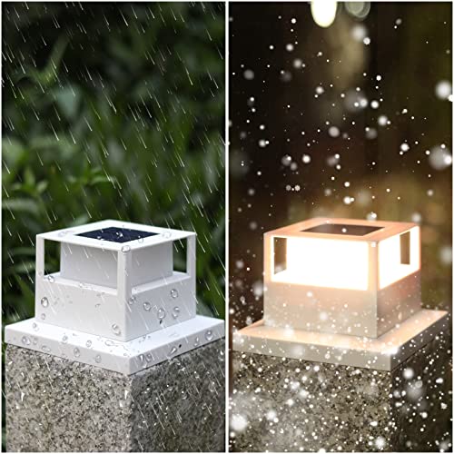 4 Pack Solar Post Lights Outdoor Solar Post Cap Lights, 20 Lumen High Brightness Waterproof LED Fence Post Solar Lights with Base for 4x4 5x5 6x6 Wooden Posts,White