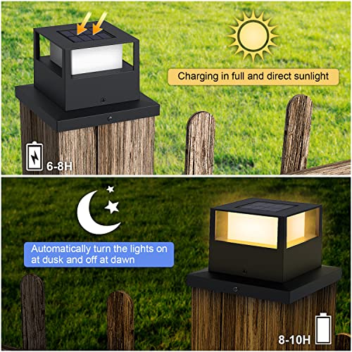 4 Pack Solar Post Lights Outdoor Solar Post Cap Lights, 20 Lumen High Brightness Waterproof LED Fence Post Solar Lights with Base for 4x4 5x5 6x6 Wooden Posts,Black