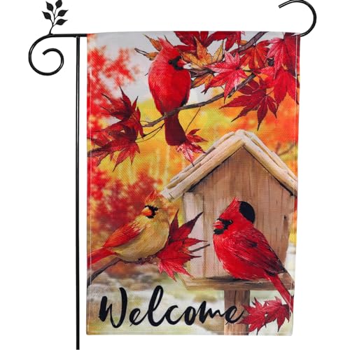 Cardinal Red Bird Welcome Garden Flags Fall 12×18 Double Sided for Outside Decoration Farmhouse Fall Decor Seasonal Yard Flags Red Bird Vertica Flags for a Festive Holiday Autumn Thanksgiving Decorations for Home