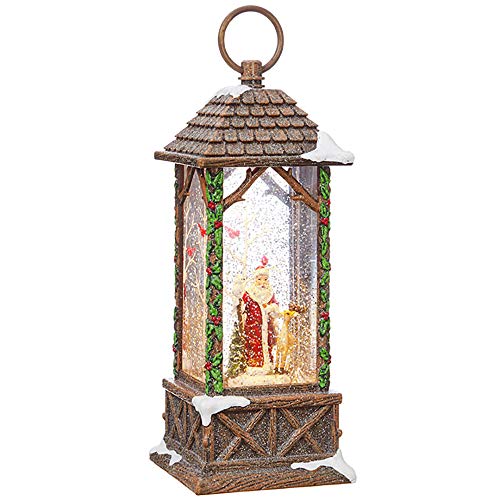 RAZ Imports Traditional Santa Lighted Water Lantern 10.75 Inch Lighted Christmas Snow Globe with Swirling Glitter with Deer Owl Cardinals Battery Operated and USB Powered