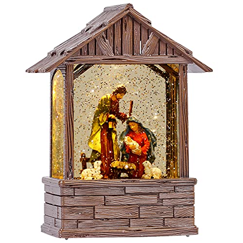 Nativity Lighted Water Lantern, Musical Snow Globe with Swirling Glitter, Battery Operated & Timer