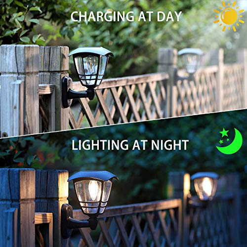 2 Pack Solar Wall Lantern Lights Outdoor Waterproof, Black Sun Powered Wall Light Fixtures, Sturdy Plastic LED Wall Lantern, Clear Warm White Lighting for Yard, Front Porch, Garage and Garden