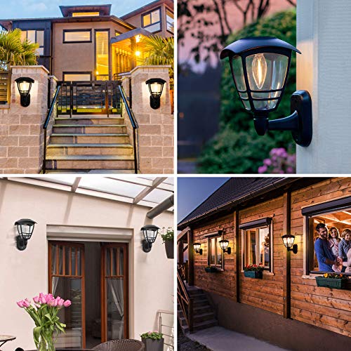 2 Pack Solar Wall Lantern Lights Outdoor Waterproof, Black Sun Powered Wall Light Fixtures, Sturdy Plastic LED Wall Lantern, Clear Warm White Lighting for Yard, Front Porch, Garage and Garden