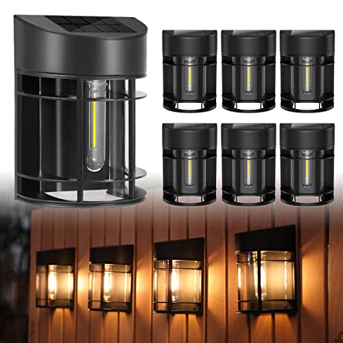 Solar Deck Lights Outdoor 6 Pack Solar Fence Lights with Tubular Edison LED Bulbs, Waterproof Solar Outdoor Lights for Garden Fence Post Patio Backyard Décor