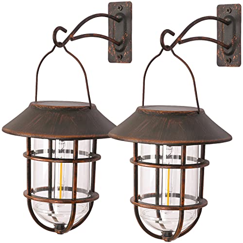 Solar Lantern Outdoor Wall Lights, Dusk to Dawn Waterproof Solar Lights Outdoor, Anti-Rust Metal Hanging Wall Lantern Sconces with Hooks, No Wiring Required,Bronze