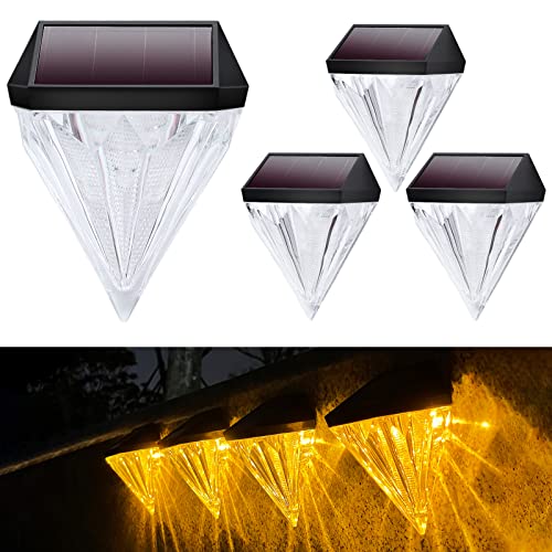 Outdoor Solar Fence Lights, 4 Pack LED Solar Wall Lights Waterproof, Garden Solar Deck Lights for Garden, Front Door, Backyard, Post, Patio, Step, Stair, Pathway and Yard,Amber 2900K-3200K
