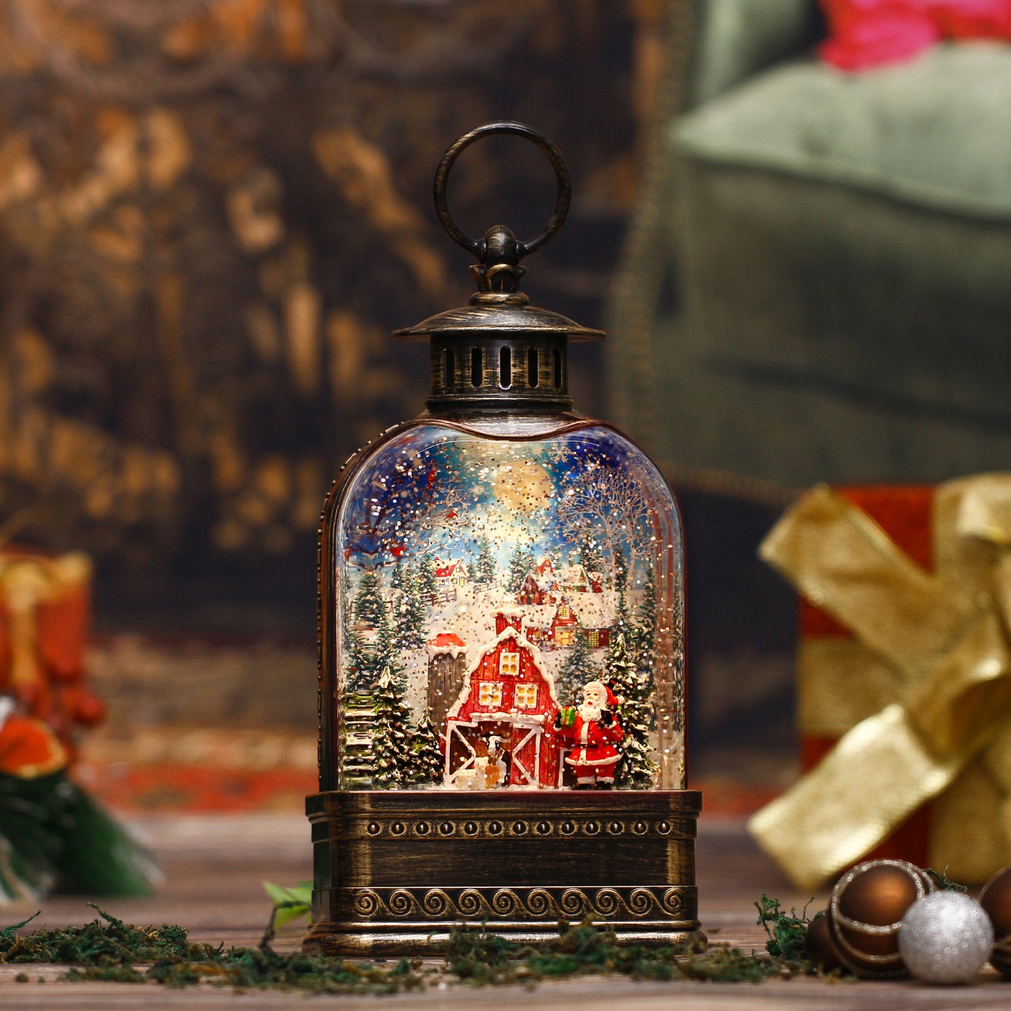 11 inch Christmas Snow Globe Water Lantern, Musical Glittering Xmas Water Globe Church Lantern with 6 Hour Timer(Santa Claus Giving gifts in Snow Village)