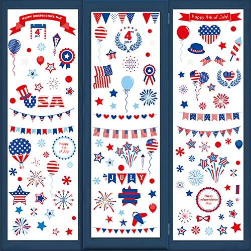 9 Sheets 4th of July Decorations Window Clings, 130Pcs Double-Side USA Red White Blue Patriotic Decorations for 4th of July American Independence Day Memorial day Patriotic Veterans Party Presidents Day Decorations Supplies