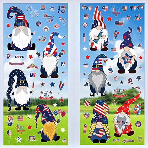 4th of July Fourth Patriotic Window Clings Decorations 9 Sheets American Gnome Double-Sided for Glass Fourth Window Clings Veterans Memorial Day Independence Day Patriotic Holiday Decorations