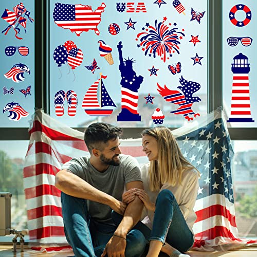 4th of July Decorations Window Clings, Double-Side USA Red White Blue Memorial day Patriotic Decorations for 4th of July American Independence Day Memorial day USA National Day Patriotic Veterans Party Presidents Day Decorations Supplies