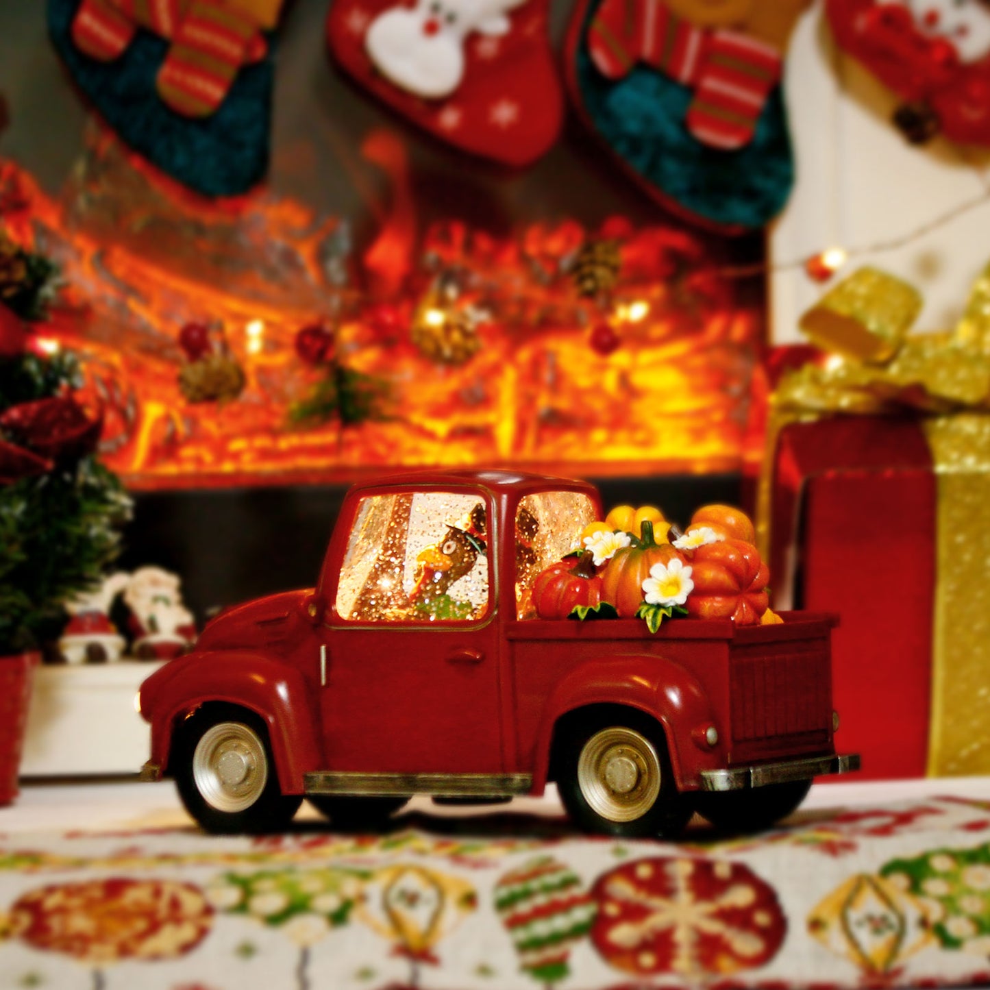 Fall Lighted Water Lantern, Turkey in Vintage Red Truck with Pumpkins for Fall Harvest Day Decor, Thanksgiving Snow Globe with Swirling Glitter