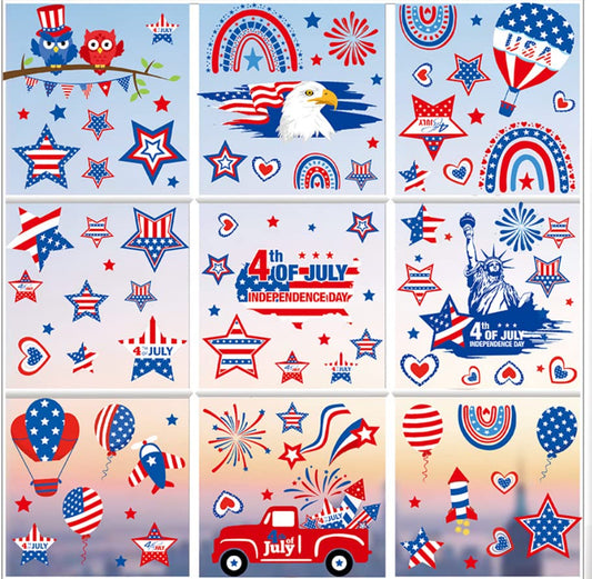 4th of July Window Clings, 9 Sheet Patriotic Red White Blue Window Decals for for 4th of July, Memorial, Patriotic Ornaments, Double-Sided