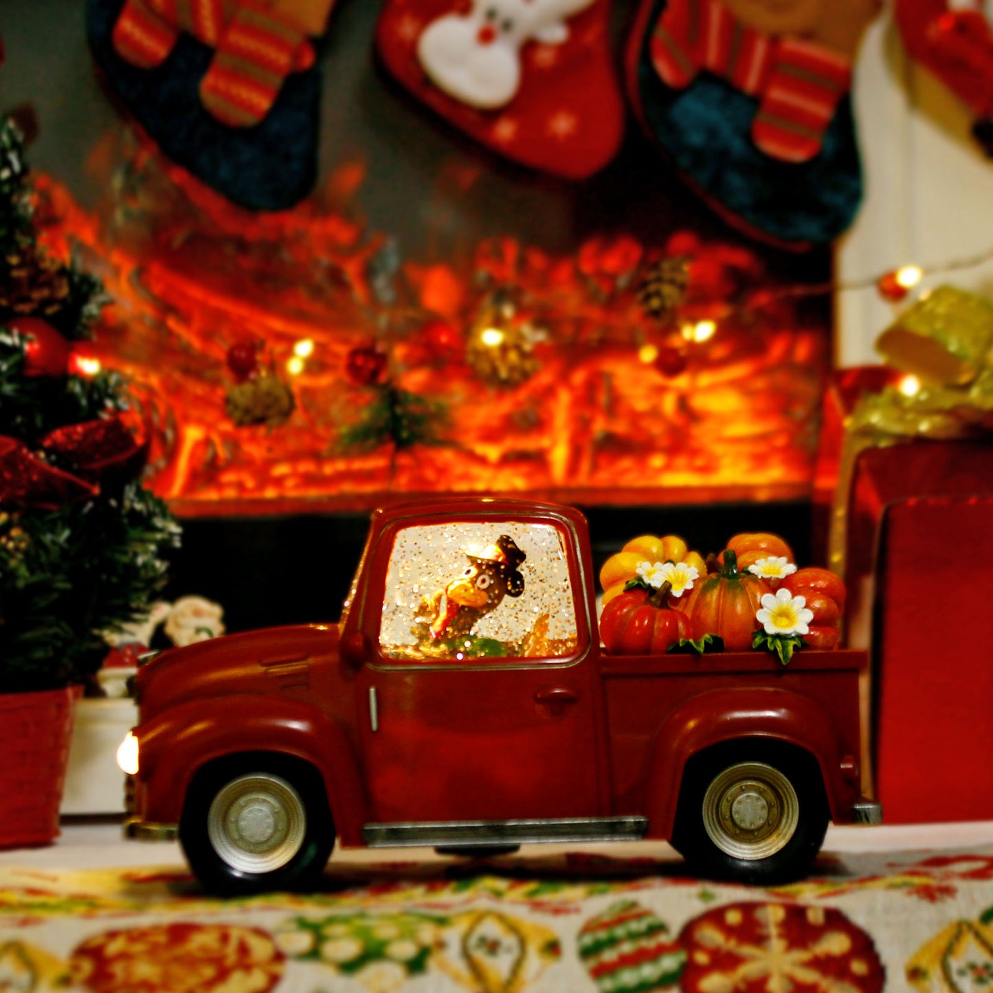 Fall Lighted Water Lantern, Turkey in Vintage Red Truck with Pumpkins for Fall Harvest Day Decor, Thanksgiving Snow Globe with Swirling Glitter