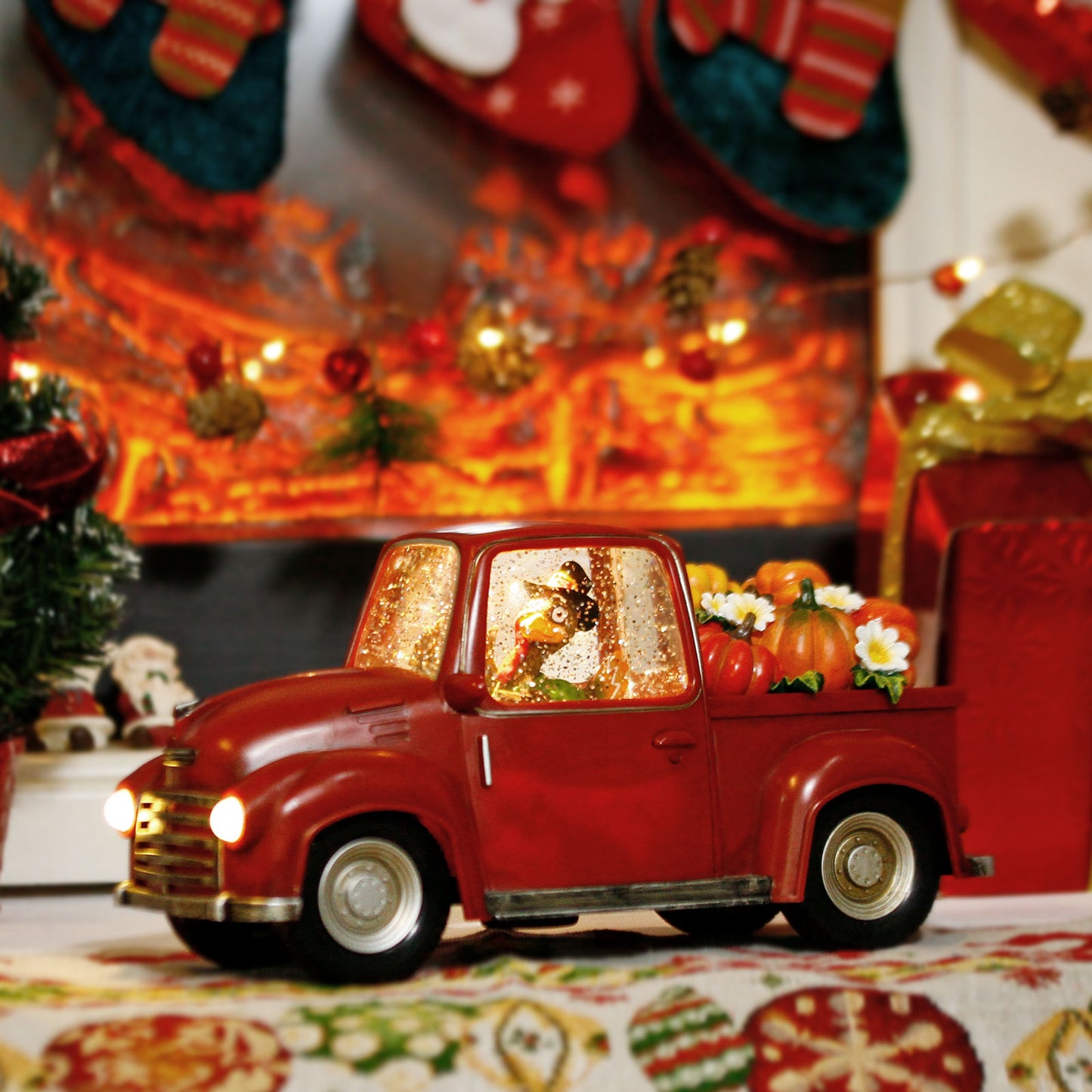 Fall Lighted Water Lantern, Turkey in Vintage Red Truck with Pumpkins for Fall Harvest Day Decor, Thanksgiving Snow Globe with Swirling Glitter