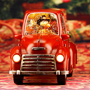 Lighted Christmas Water Lantern, Turkey in Vintage Red Truck with Pumpkins for Gifts and Holiday Decor, Snow Globe with Swirling Glitter