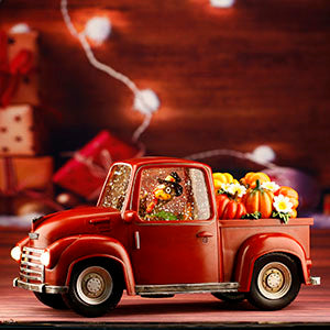 Lighted Christmas Water Lantern, Turkey in Vintage Red Truck with Pumpkins for Gifts and Holiday Decor, Snow Globe with Swirling Glitter