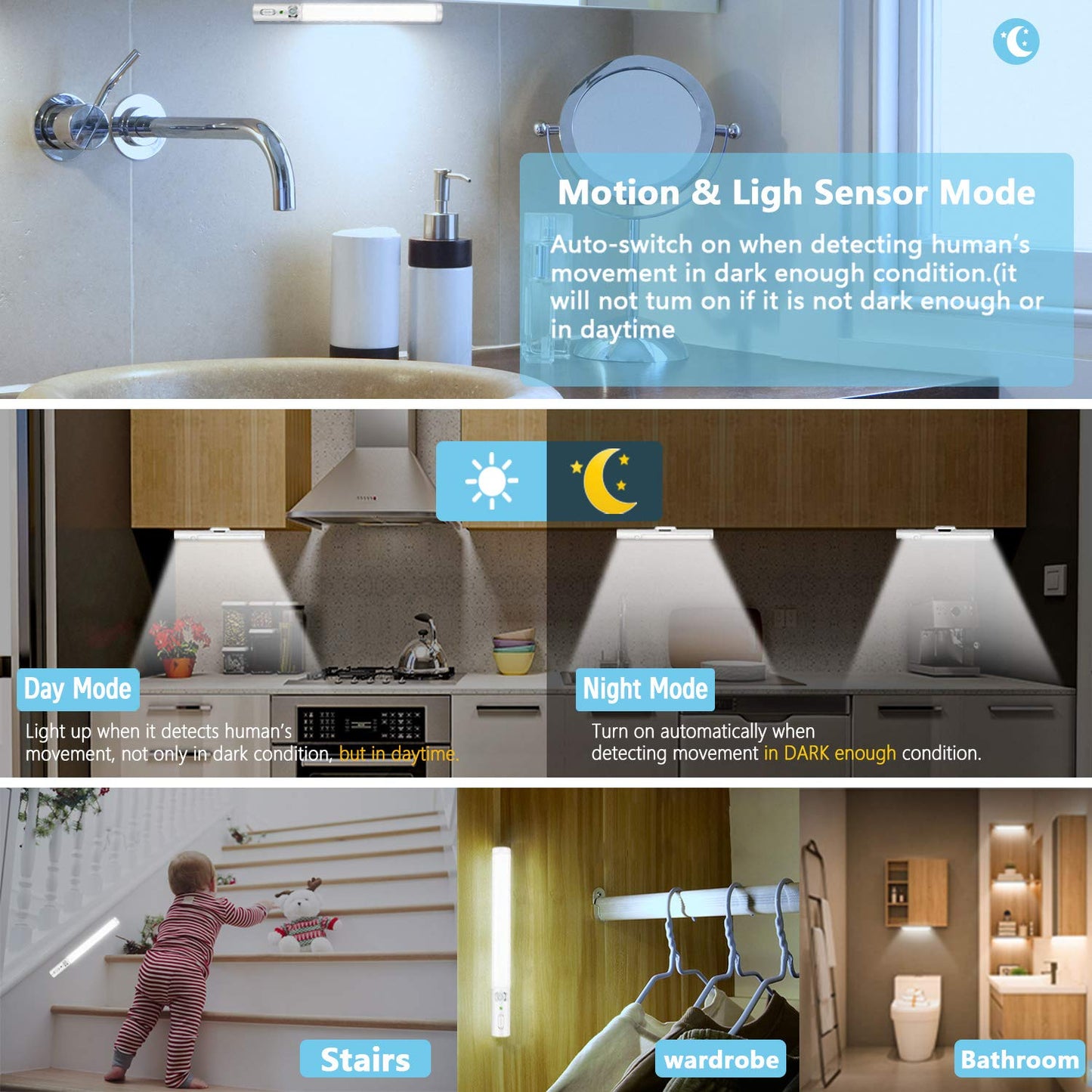 Under Cabinet Lighting,Wireless Led Closet Light Battery Powered Motion Sensor Light 21 LED Bulb Magnetic Stick-on Night Light Bar for Kitchen , Stairway , Wardrobe,Hallway - 2 Pack